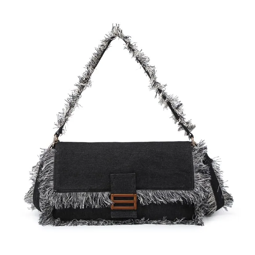 Borsa Donna Denim Baguette Frange Fibbia Bottone Casual