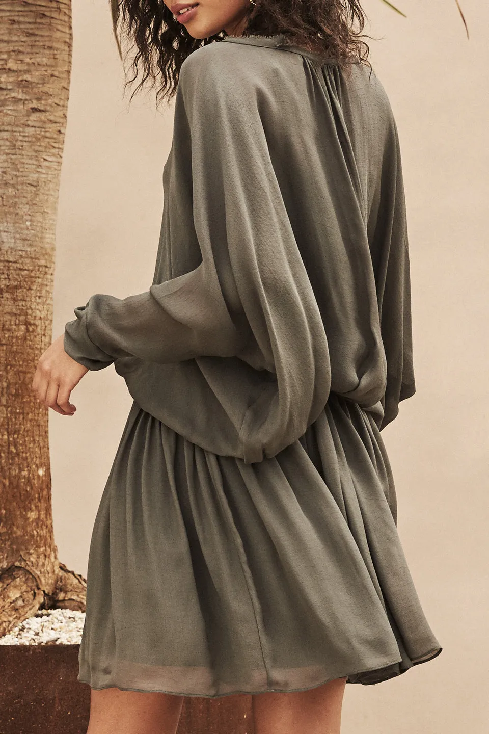 Liberty LS Shirred Waist Chiffon Khaki Dress