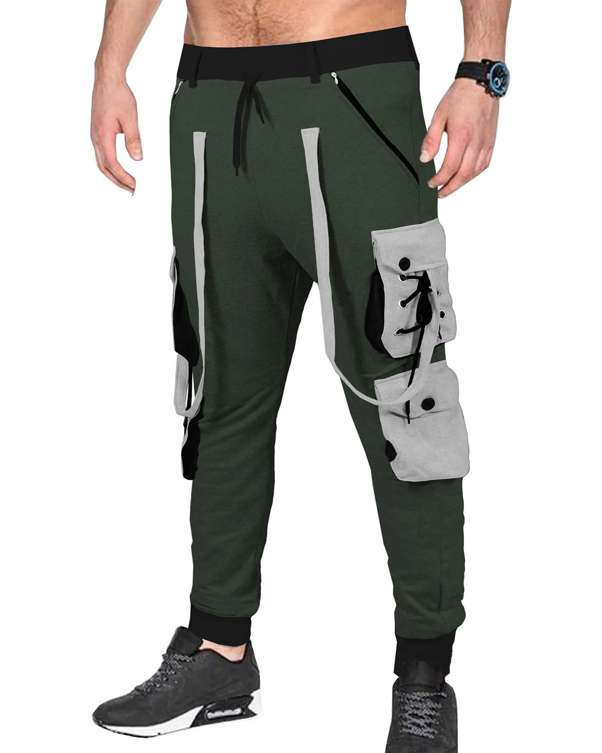 Men Olivegreen-Grey Street Casual Fashion Jogger Pants