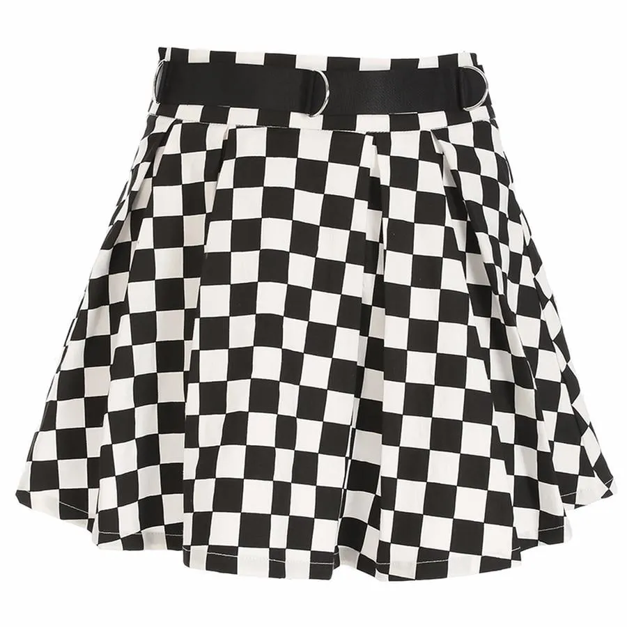 Pleated Checkerboard High Waist Short Skirt