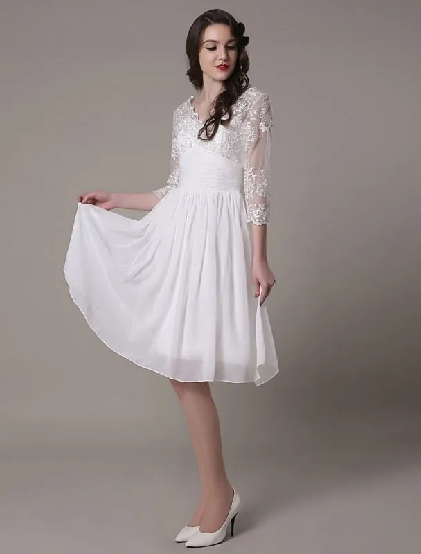 Simple Wedding Dressses Chiffon V Neck Lace A Linepleated Bridal Dress Exclusive