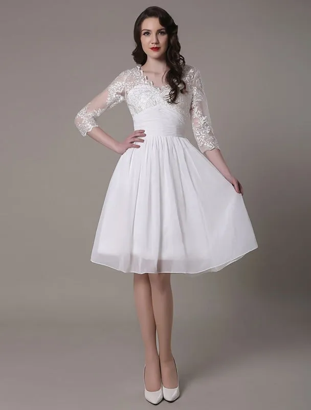 Simple Wedding Dressses Chiffon V Neck Lace A Linepleated Bridal Dress Exclusive